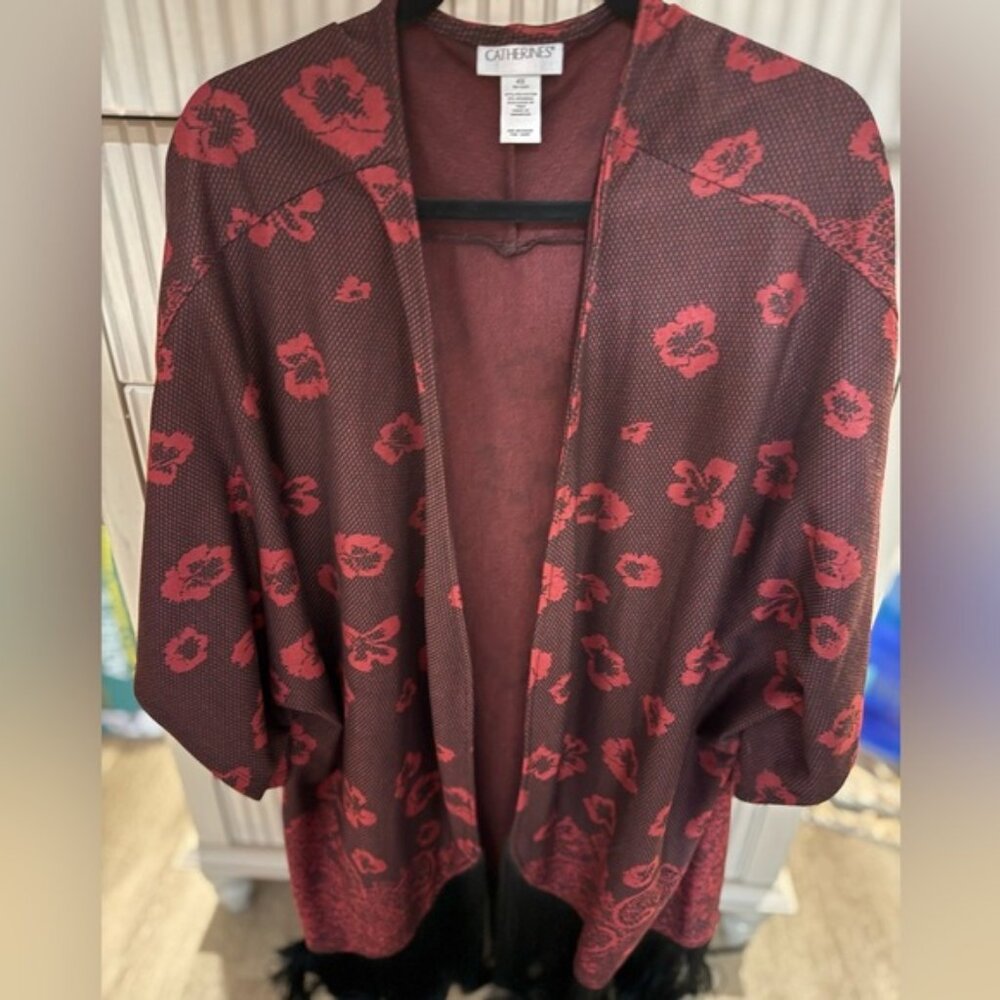 Catherines Red Floral Women's Cardigan with Black Fringe